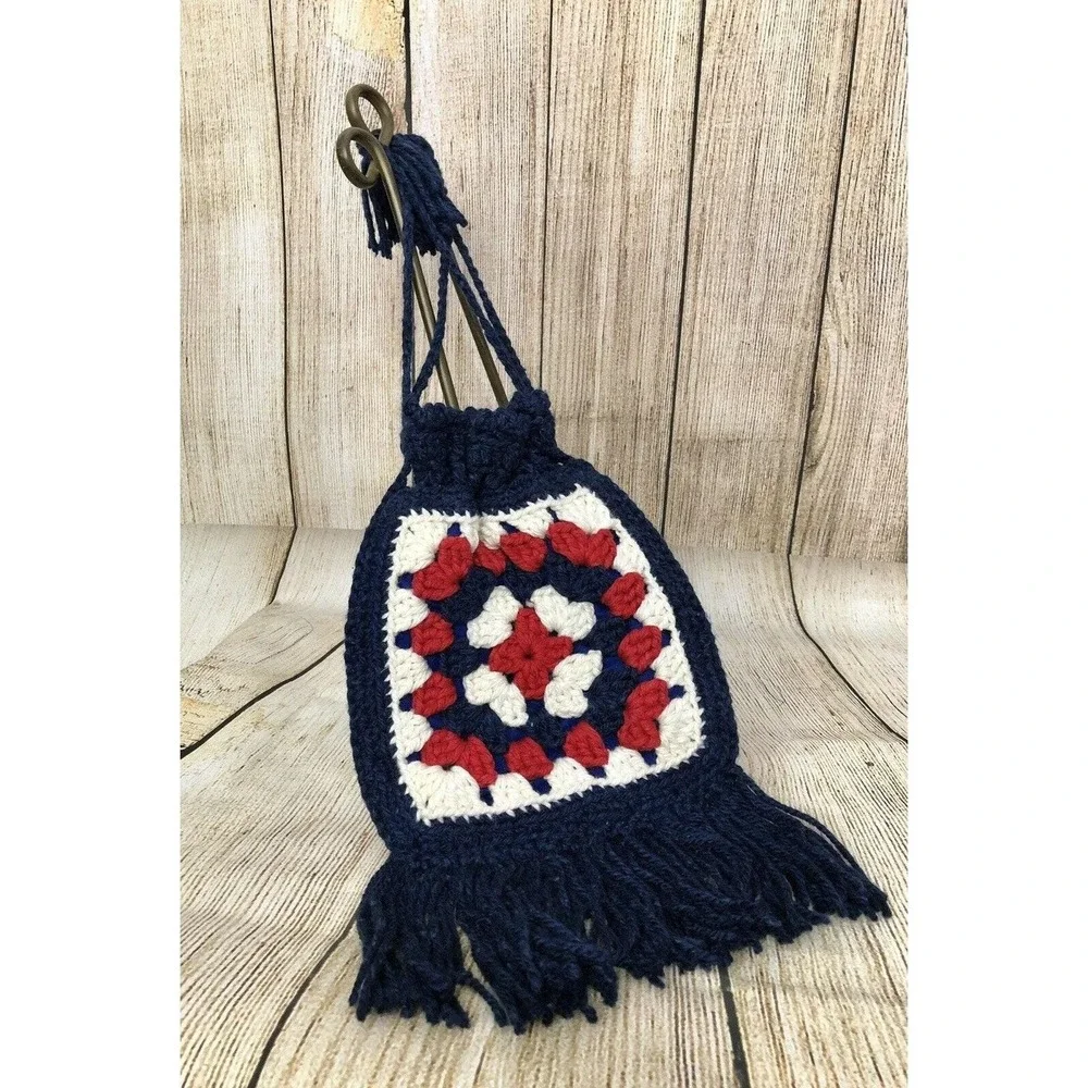 Vtg‎ Handmade Crochet Purse Granny Square Fringe Red White Blue Boho America 250